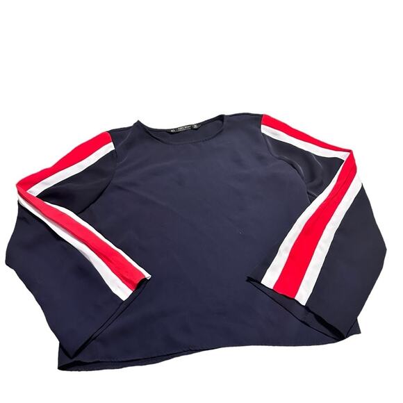Zara Tops - Zara Basic Collection Navy Blue, Red & White Blouse Size Small Striped  Sleeve